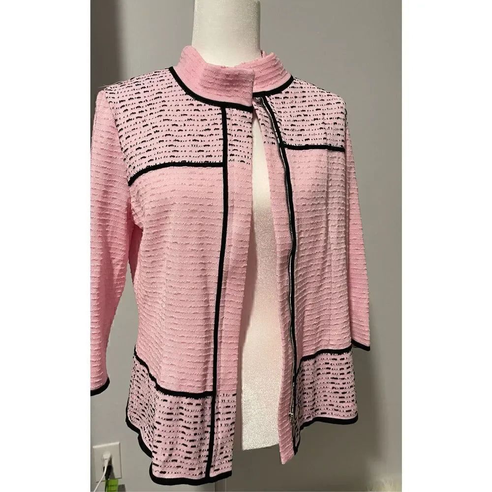 Ming Wang S pink black knit  zip front sweater S